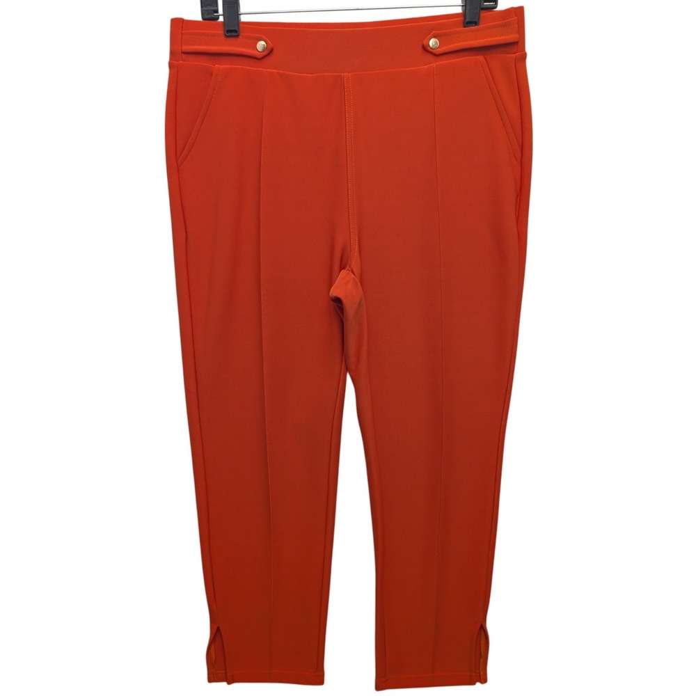 R. Sofia Ankle Pants Women Large Orange Gold Button Pintuck‎ Stretch High Rise